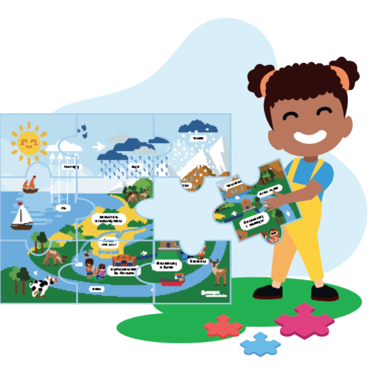 Illustratie van een kind dat een puzzelstuk vasthoudt wat een onderdeel is van de watercyclus