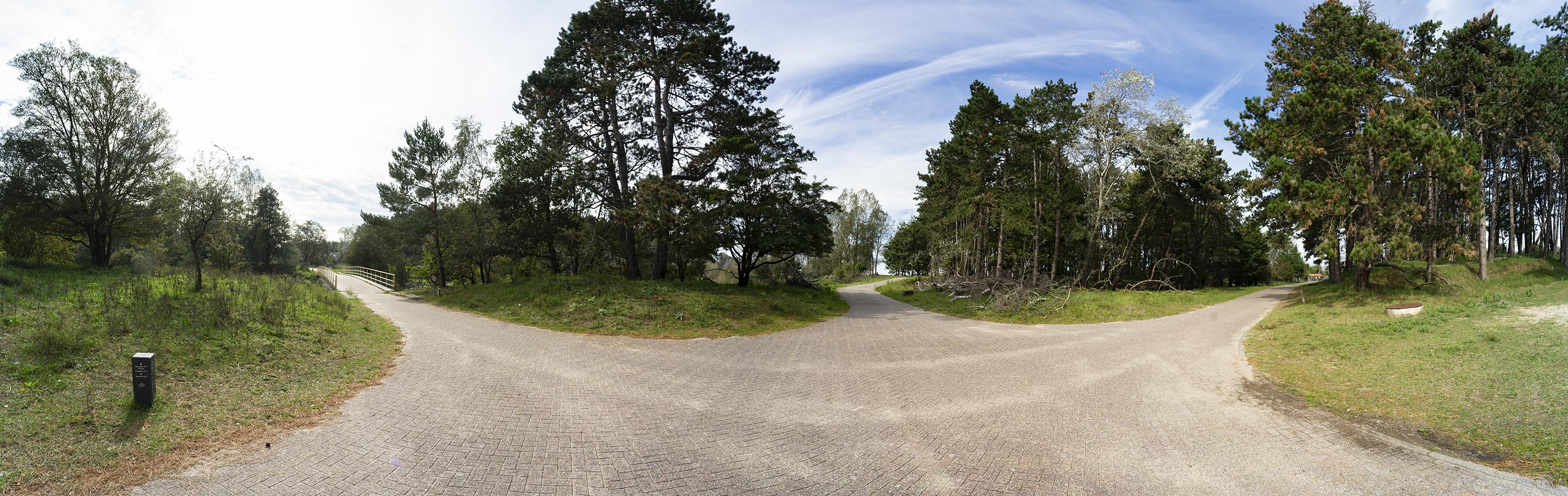 Panoramabeeld van een kruispunt van klinkerpaden in de duinen.