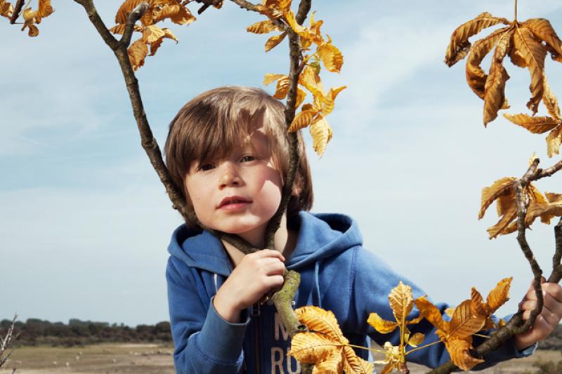 Kind kijkt tussen twee herfsttakken door in de camera