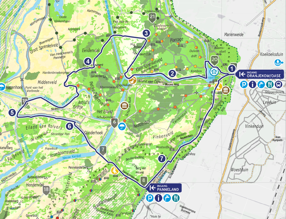 Plattegrond met daarop de routelijn van de wandeling het Tientje van Waternet.