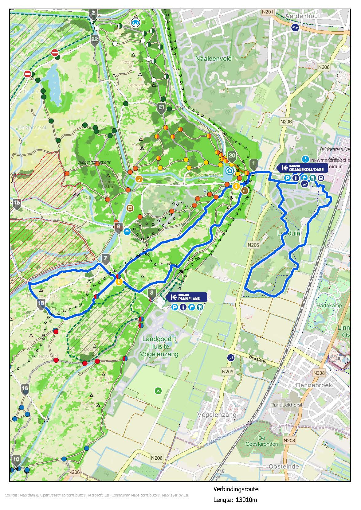 Plattegrond van een route door de AWD en door Leyduin en Woestduin