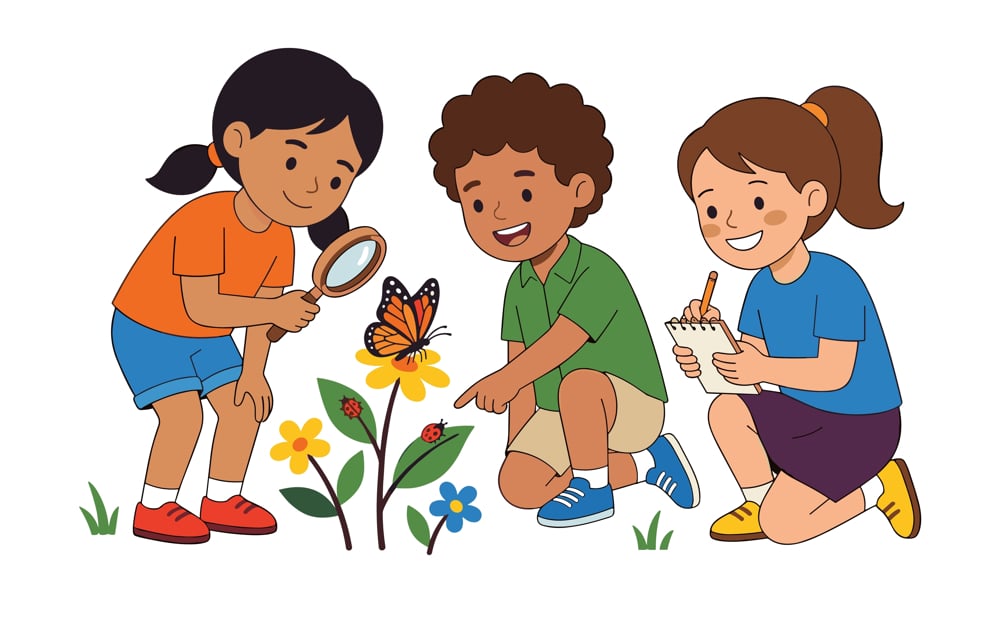 Illustratie van kinderen met vergrootglas die natuur bestuderen